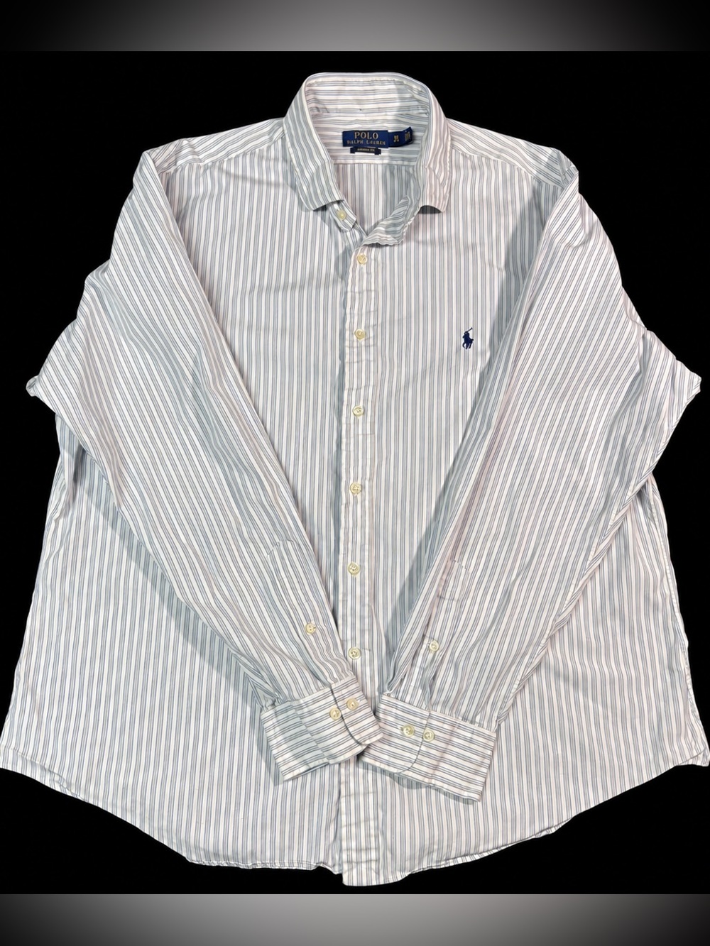 Polo Ralph Lauren Men's 18/36-37 Button Down Blue Striped Custom Fit Long Sleeve